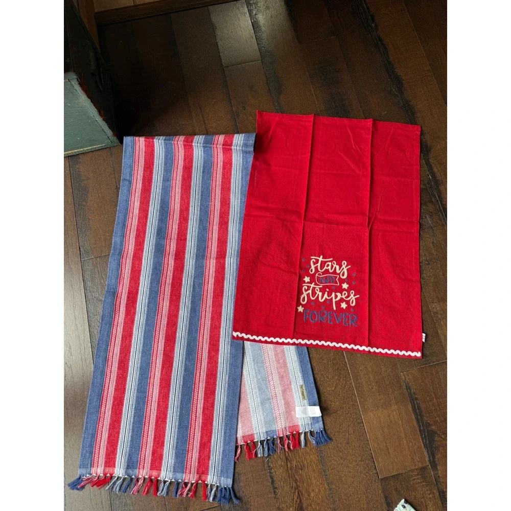 Pier 1 Table Runner & Towel Set 15x72 Red Blue  Patriotic Americana never used